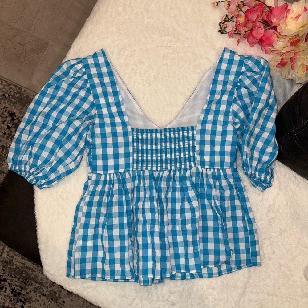 Lilly Pulitzer Blue Checkered Puff Sleeve Blouse Size 4 - Picture 7 of 7